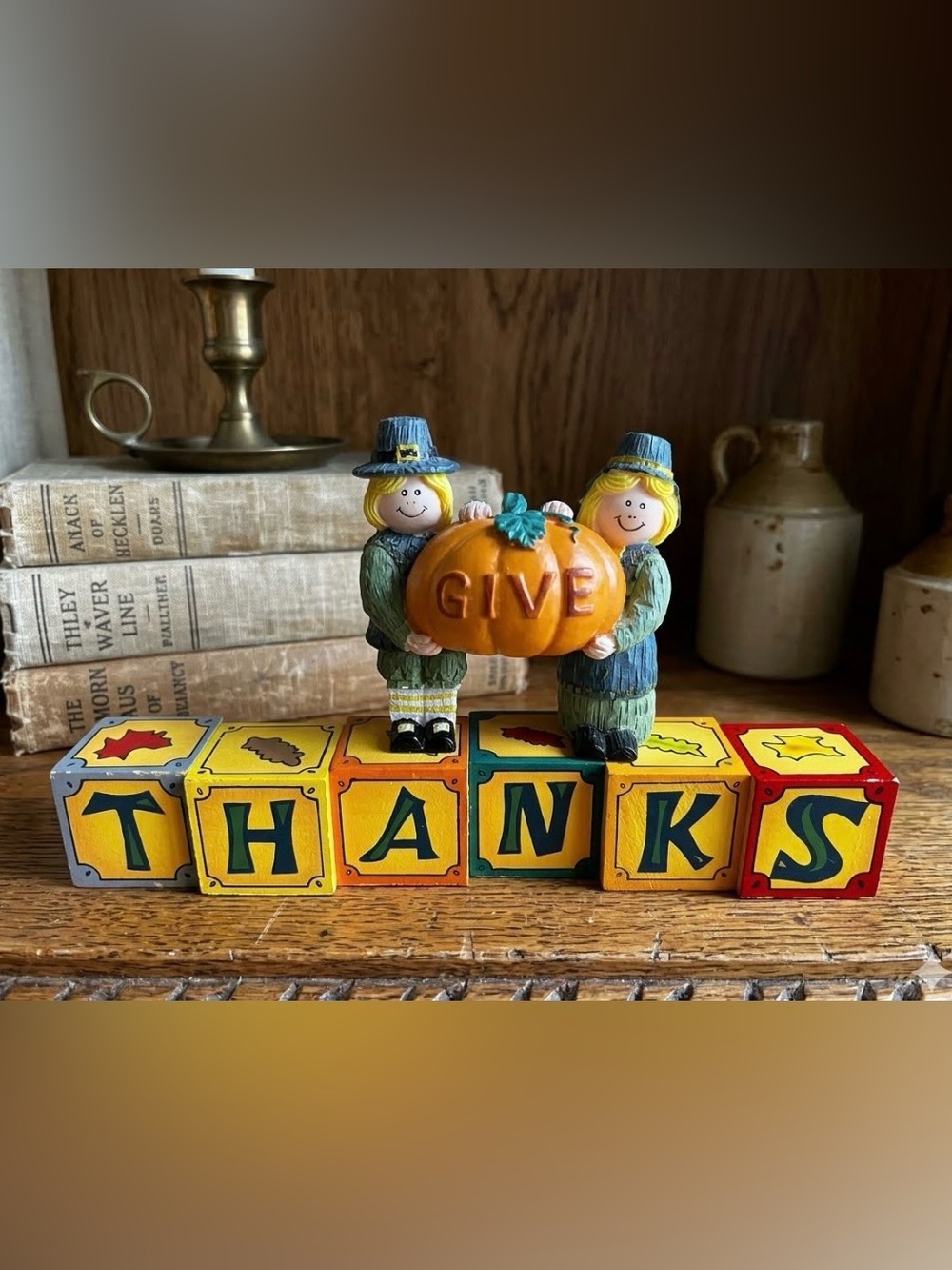 “Give Thanks” Pilgrims, Pumpkins And Blocks Resin And Wood Decor